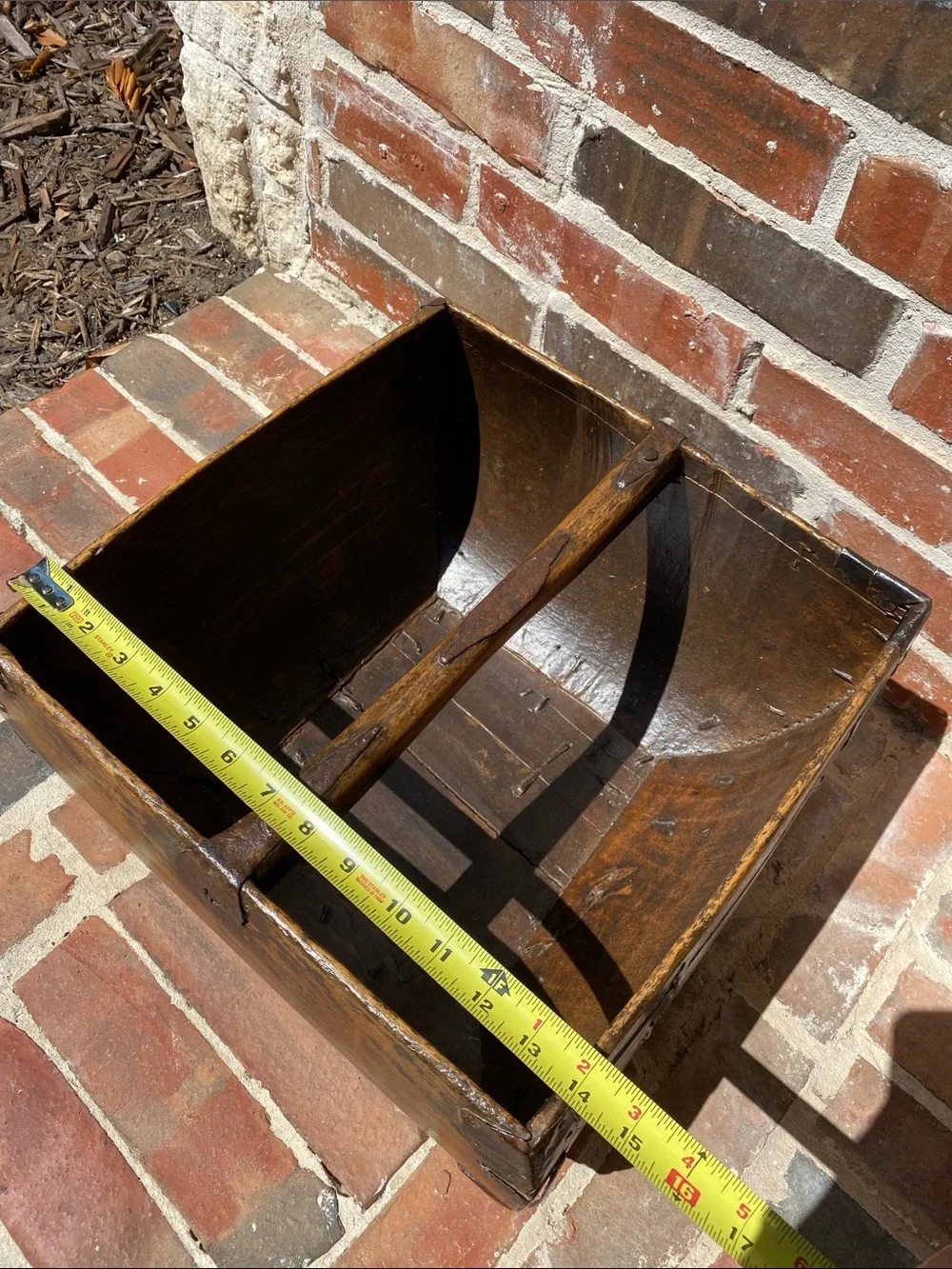 Antique Chinese Wooden Rice Measure Basket w/Handle and rustic metal accents